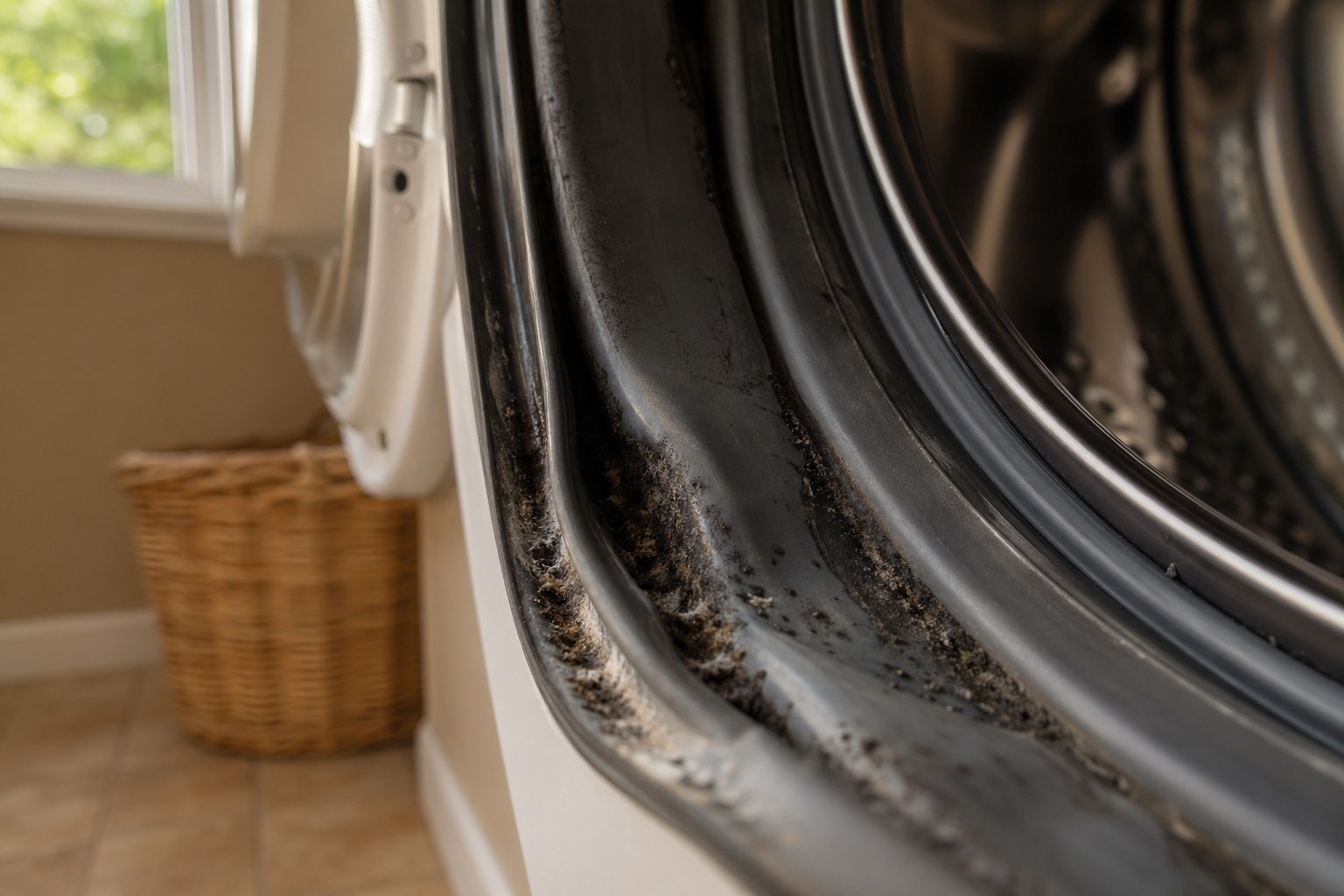 Black mold growing in the rubber door gasket of a front-load washing machine in a Sarasota laundry room