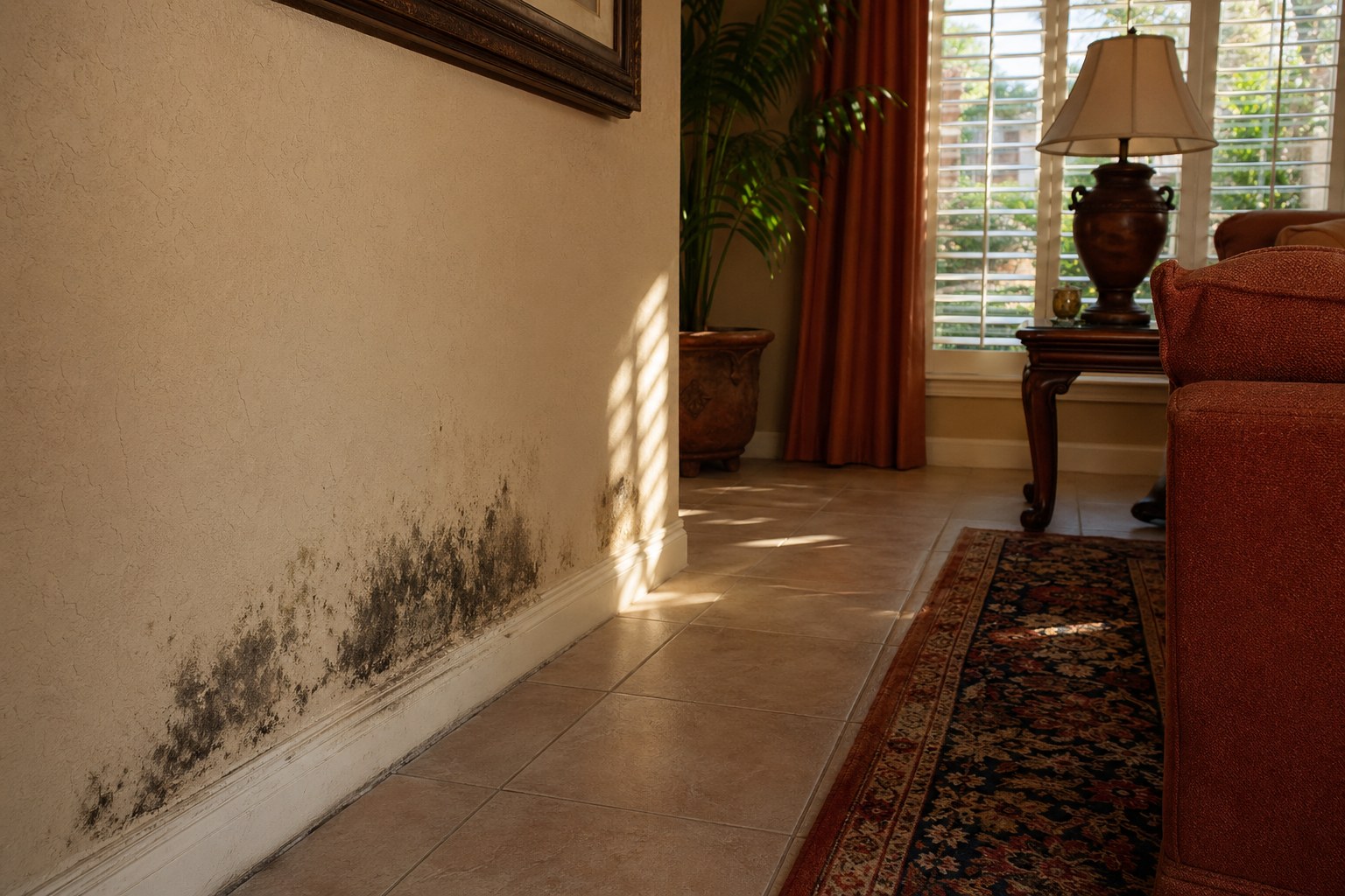 Black mold growing along the baseboard of a painted wall in a Sarasota Florida living room