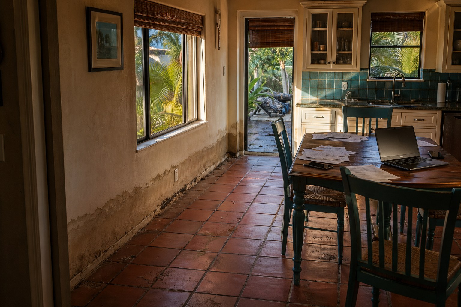 Sarasota kitchen with hurricane water damage stains on walls, insurance paperwork and laptop on table