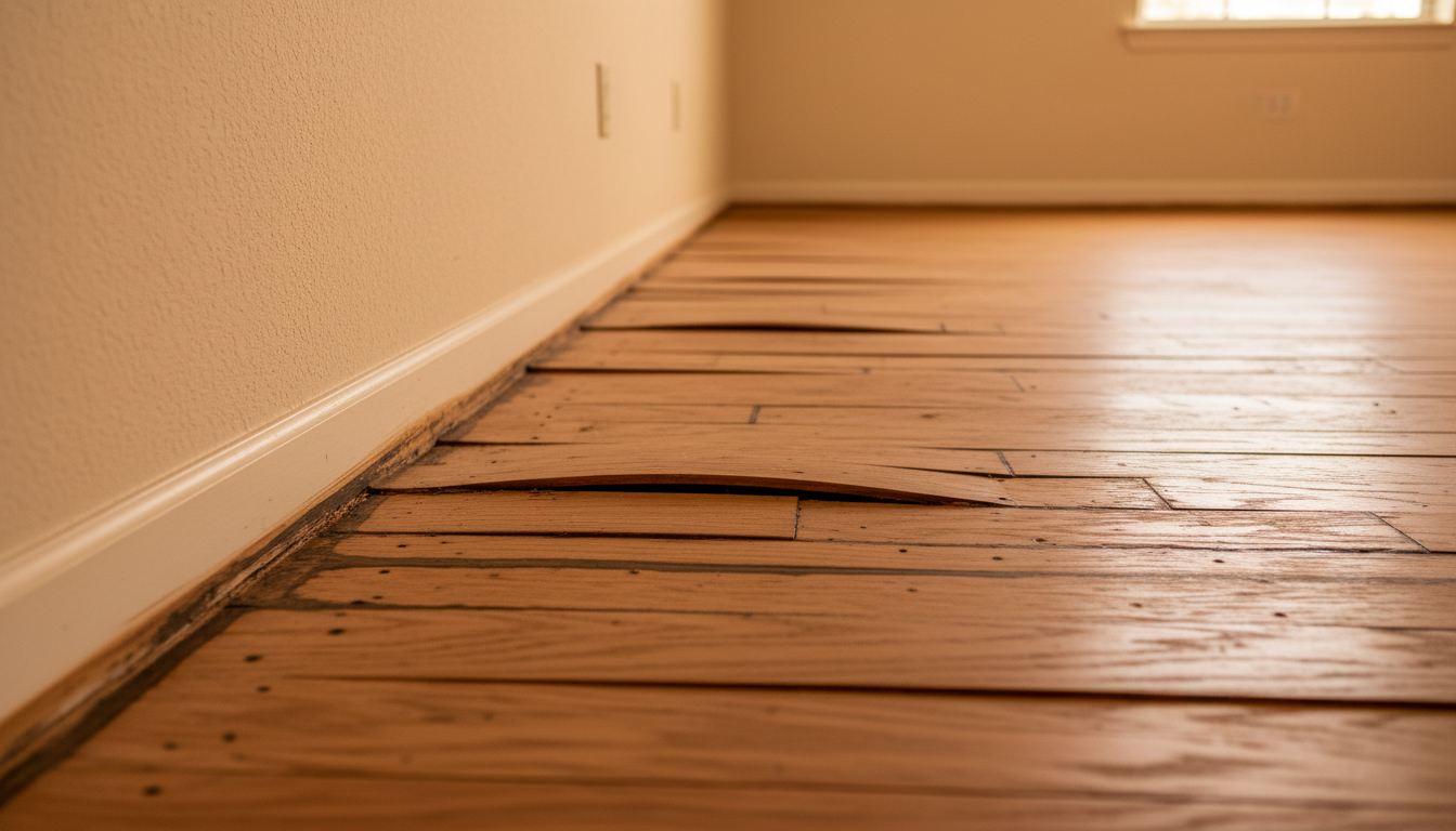 Buckled and cupped hardwood floor planks showing water damage near a baseboard in a Sarasota home